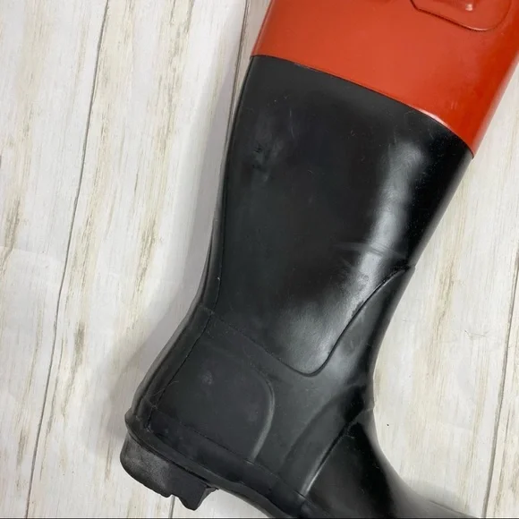 Hunter Orange Red and Black Color Block Rubber Rain Boots - Picture 5 of 11